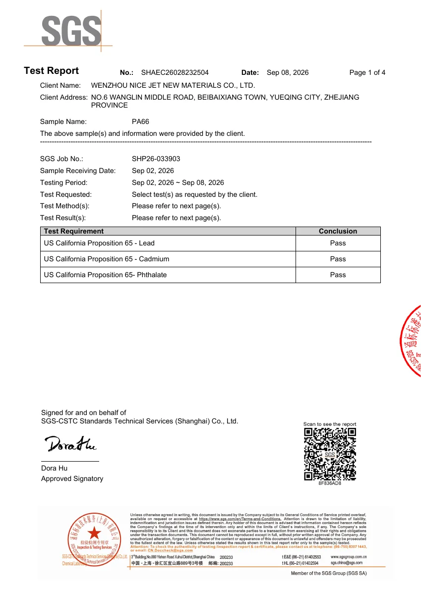 First page of PA66 California 65 SGS test report