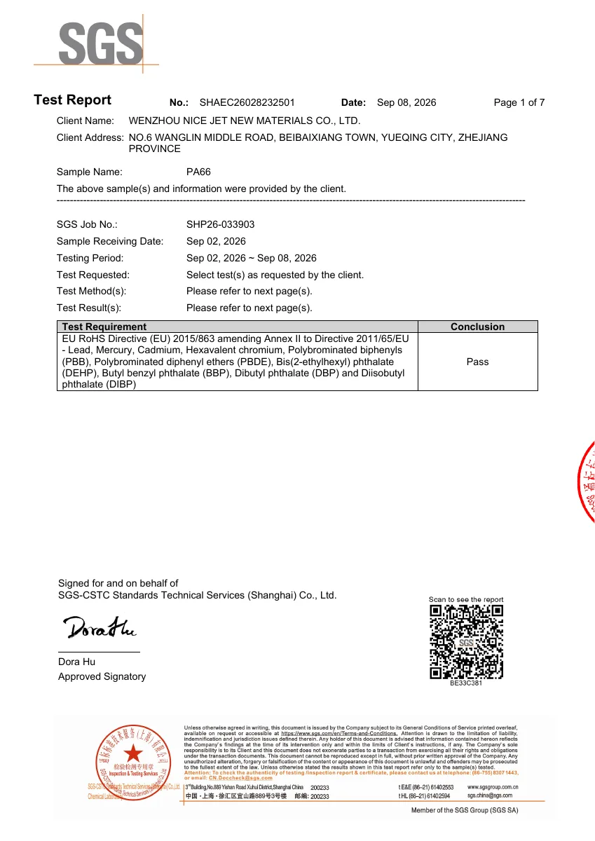 First page of PA66 EU RoHS SGS test report