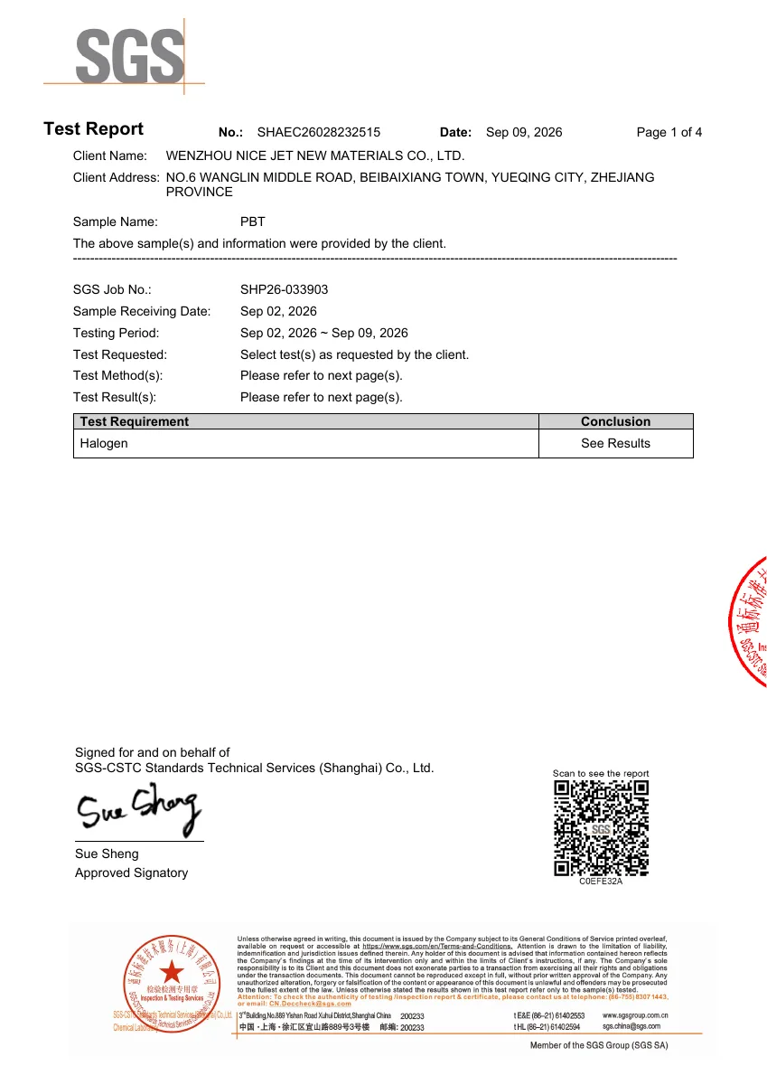 First page of PBT Halogen SGS test report